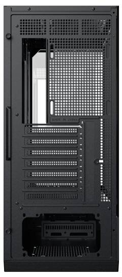 Ein schwarzes Computer-Tower-Gehäuse wird in aufrechter Position gezeigt, mit mehreren Erweiterungsslots und einem sichtbaren Platz für ein Netzteil.