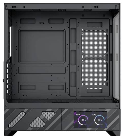 Inneres eines schwarzen Computergehäuses mit offenen Seiten, das mehrere Steckplätze und Lüftungsöffnungen zeigt. Unten befinden sich LED-Grafiken mit CPU-Metriken.