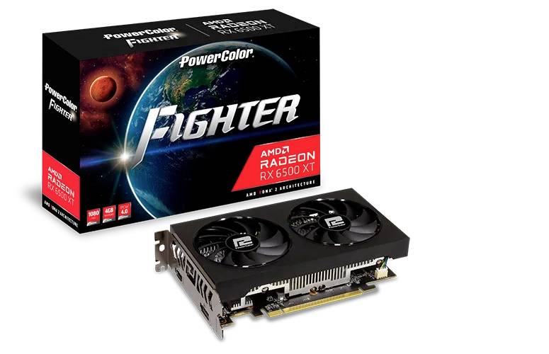 Eine 'PowerColor Fighter AMD Radeon RX 6500 XT' Grafikkarte mit Doppellüftern, die vor ihrer Verpackung präsentiert wird.