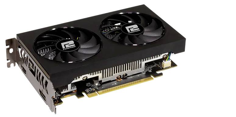 Eine Grafikkarte mit zwei Kühlventilatoren und einem PCIe-Anschluss, entwickelt zur Verbesserung der Grafikleistung des Computers.