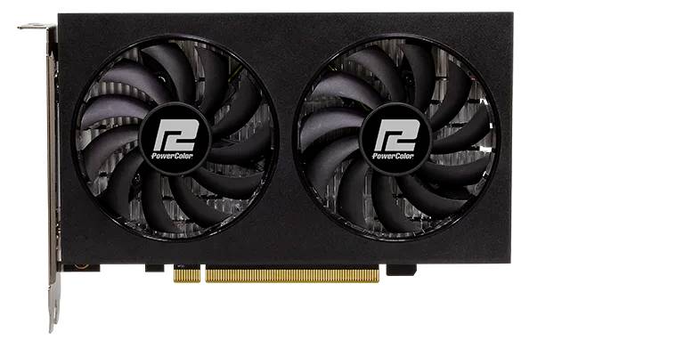 Eine Grafikkarte mit zwei Kühlventilatoren und einem 'PowerColor' Logo auf jedem Ventilator, die einen PCIe-Anschluss am unteren Rand zeigt.