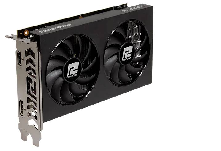 Eine schwarze Grafikkarte mit Dual-Lüftern und mehreren Displayports, mit einem Logo in der Mitte jedes Lüfters.