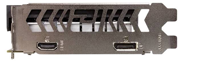 Eine Grafikkarte von der Rückseite, die einen Metallbügel mit Lüftungsschlitzen, zwei HDMI-Anschlüsse mit den Bezeichnungen 