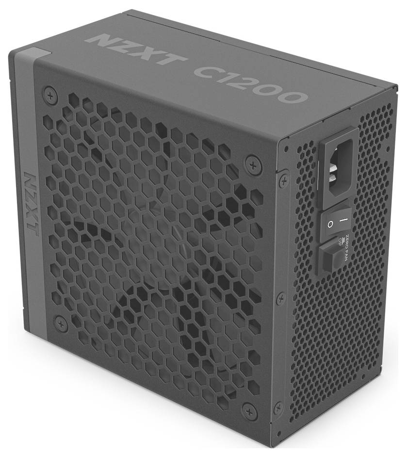 Schwarzes NZXT C1200 Netzteil mit sechseckiger Lüftungsöffnung, Netzschalter und Kabelanschlüssen an der Seite für den Computeraufbau.