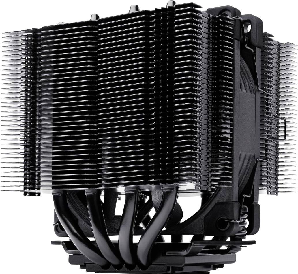 Ein schwarzer CPU-Kühler mit mehreren Lamellen und Heatpipes, der für eine effiziente Wärmeableitung von Computerprozessoren konzipiert ist.