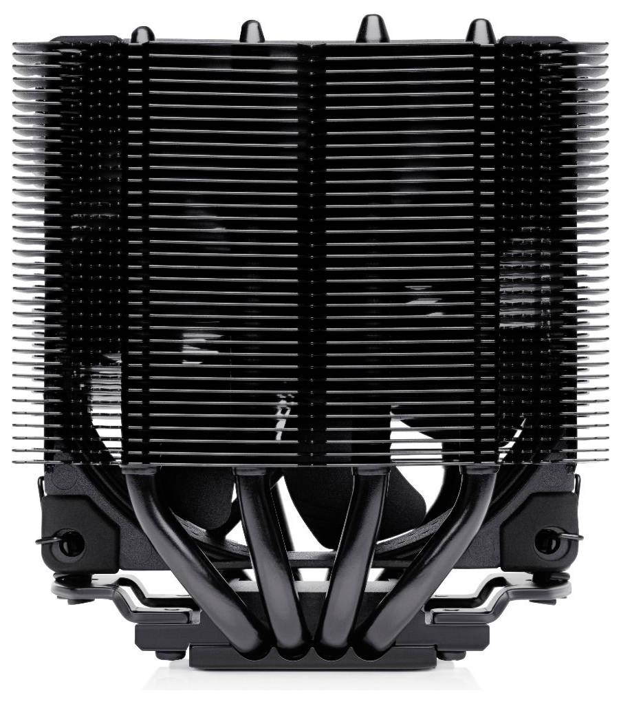 Ein schwarzer CPU-Kühler mit mehreren Kühlrippen und Hitzepipes, konzipiert für effizientes Wärmemanagement in Computerhardware.
