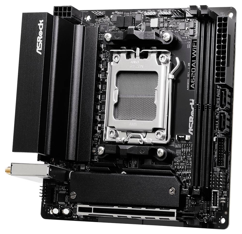 Eine Draufsicht auf ein ASRock A620M-HDV/M.2+ Motherboard mit CPU-Sockel, RAM-Steckplätzen und Erweiterungssteckplätzen, entwickelt für AMD-Prozessoren.