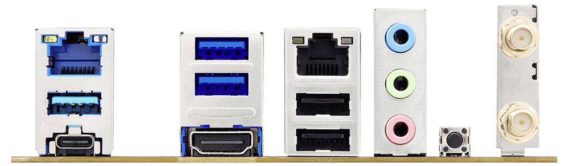 Eine Vielzahl von Computeranschlüssen auf einem Motherboard, einschließlich USB, HDMI, Ethernet, Audiobuchsen und Resetknopf.