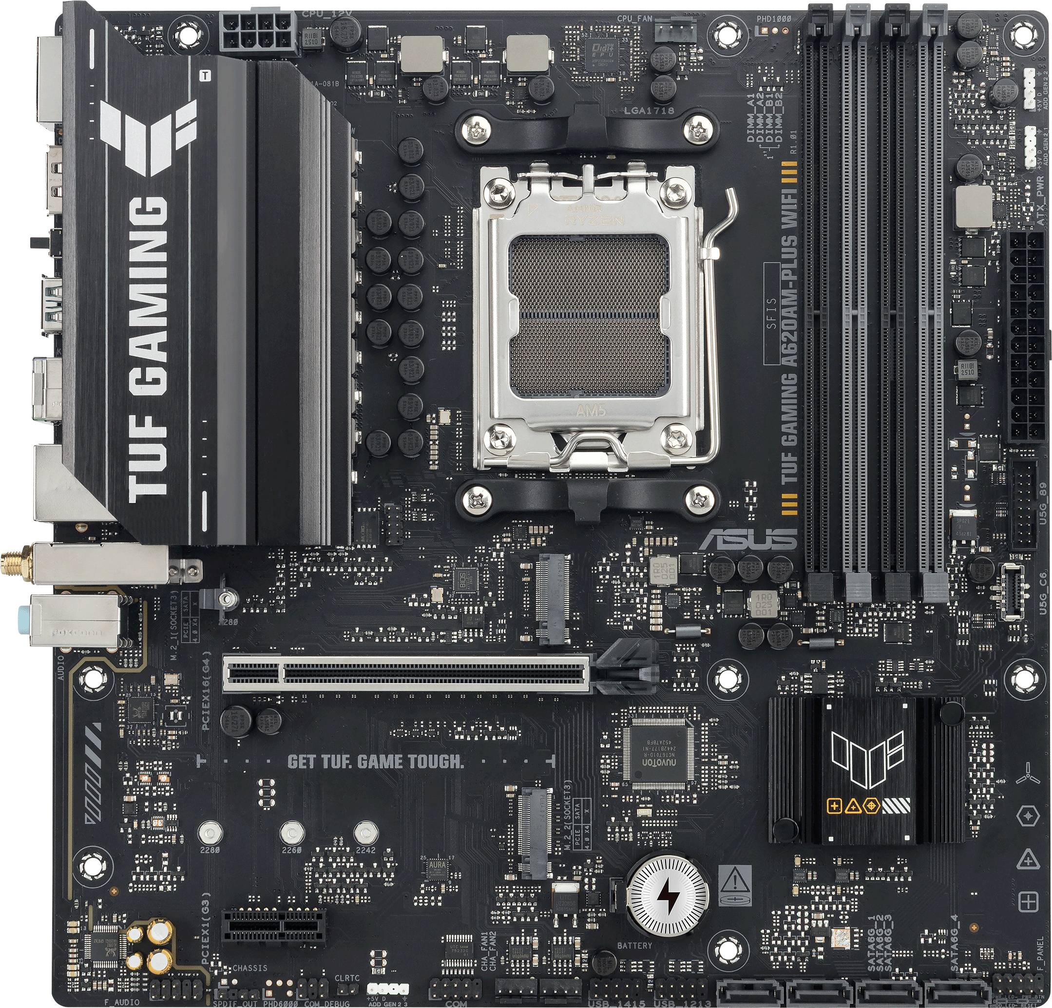 ASUS TUF Gaming Mainboard mit sichtbaren Steckplätzen und Komponenten, die Haltbarkeit und Leistungsmerkmale betonen.