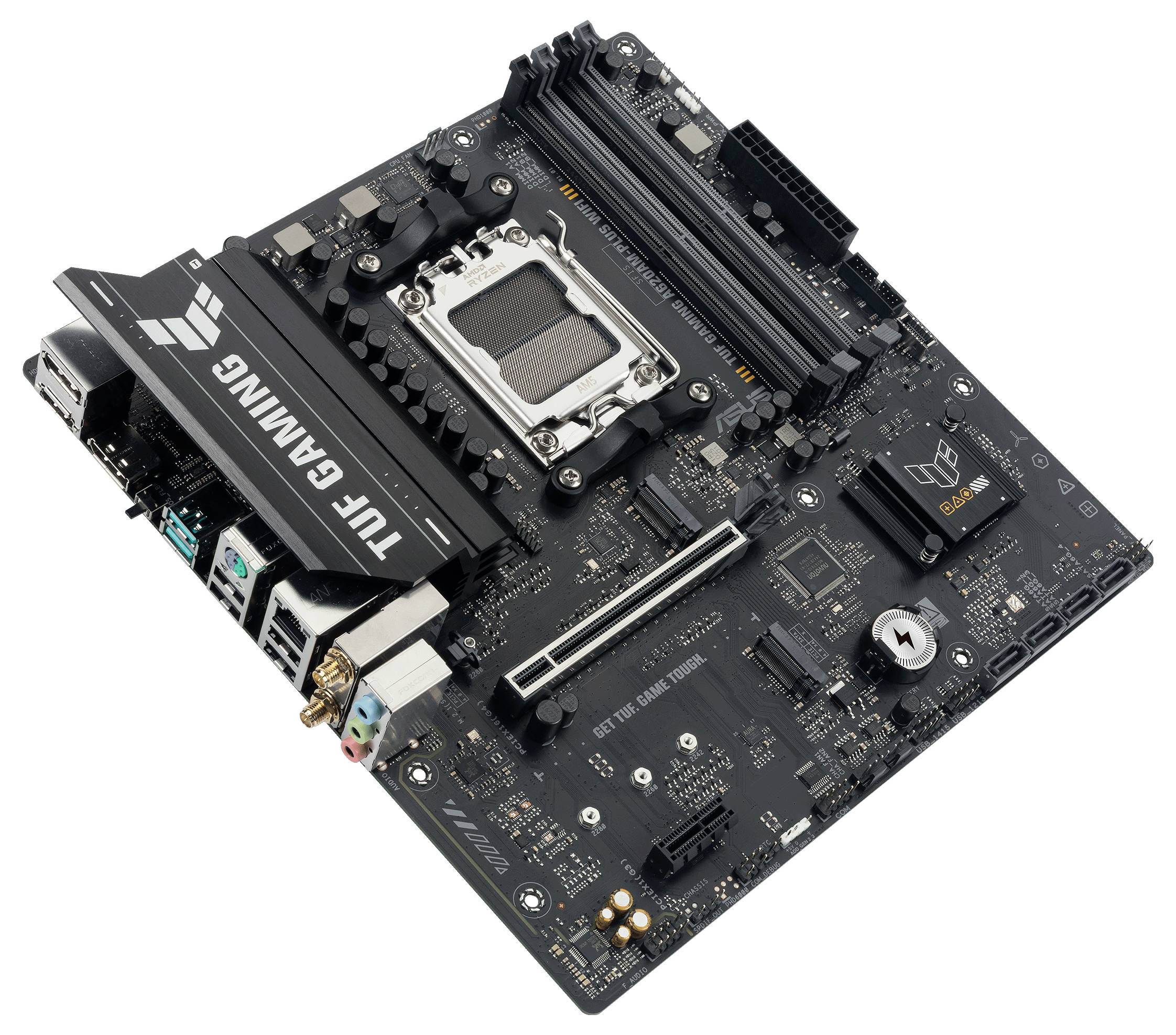 Eine schwarze Gaming-Motherboard mit mehreren Steckplätzen und Anschlüssen, mit der Aufschrift 'TUF GAMING'.