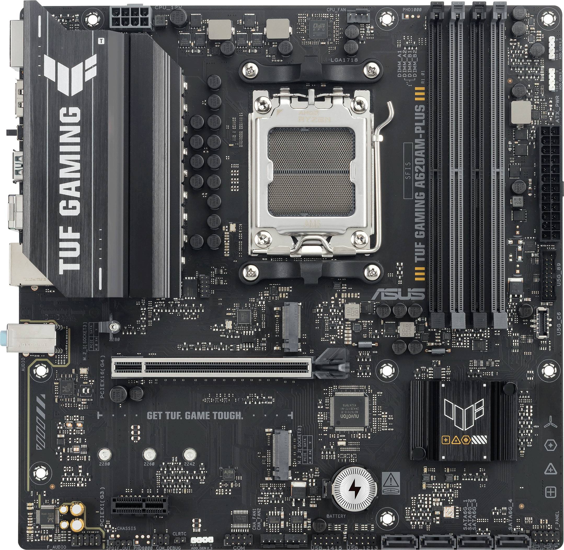 Eine Mainboard mit 'TUF Gaming' Branding verfügt über mehrere Steckplätze und Anschlüsse für CPU, RAM und Peripheriegeräte und bietet robuste Leistung.