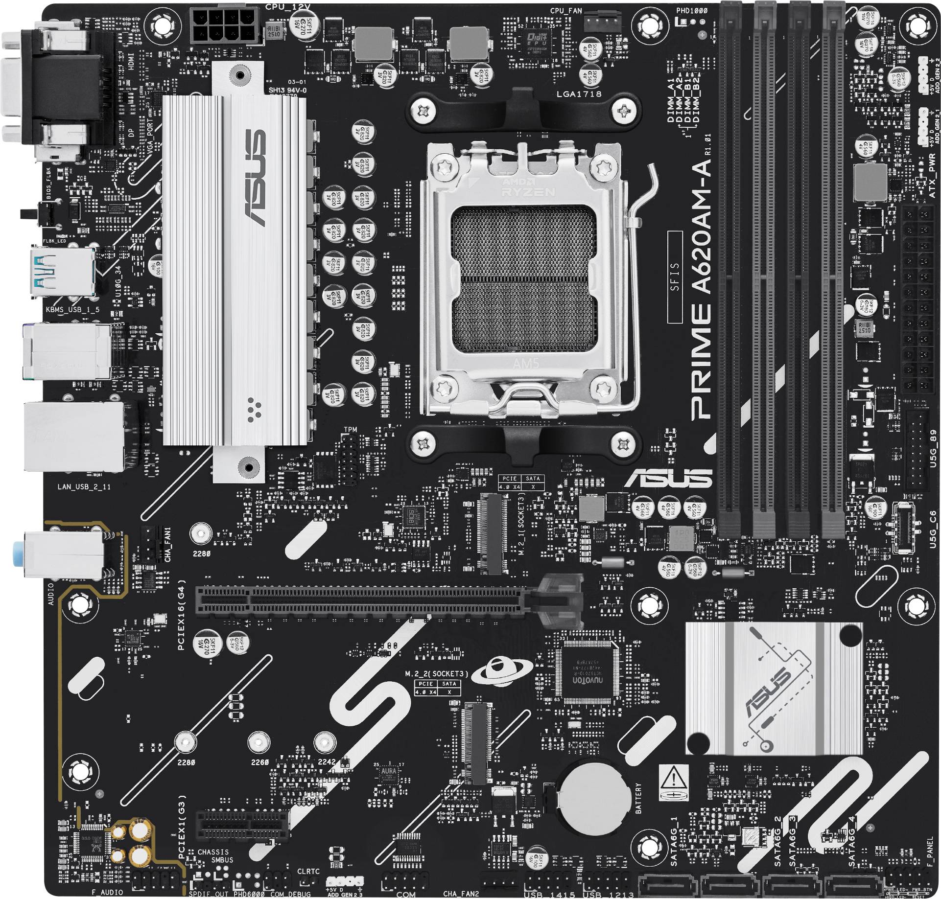 Eine Computermotherboard mit verschiedenen Anschlüssen, Steckplätzen und einem AMD-Prozessorsockel, beschriftet mit 'PRIME A620M-A', die für den Aufbau oder die Aufrüstung von PCs konzipiert ist.