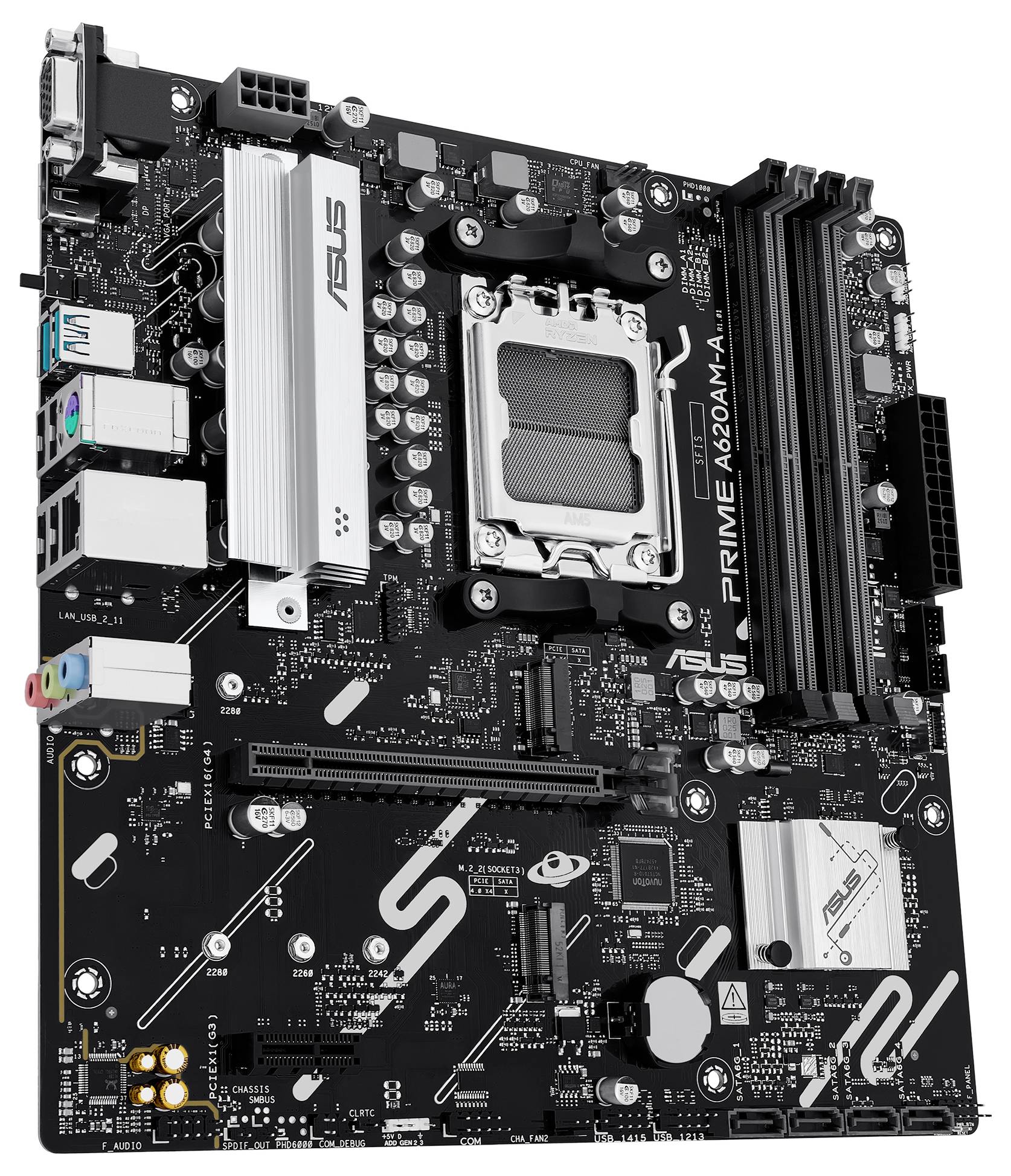 Eine Computermotherboard mit verschiedenen Steckplätzen und Anschlüssen, beschriftet mit 'ASUS PRIME A320M-A'. Der Sockel für den Zentralprozessor ist sichtbar.