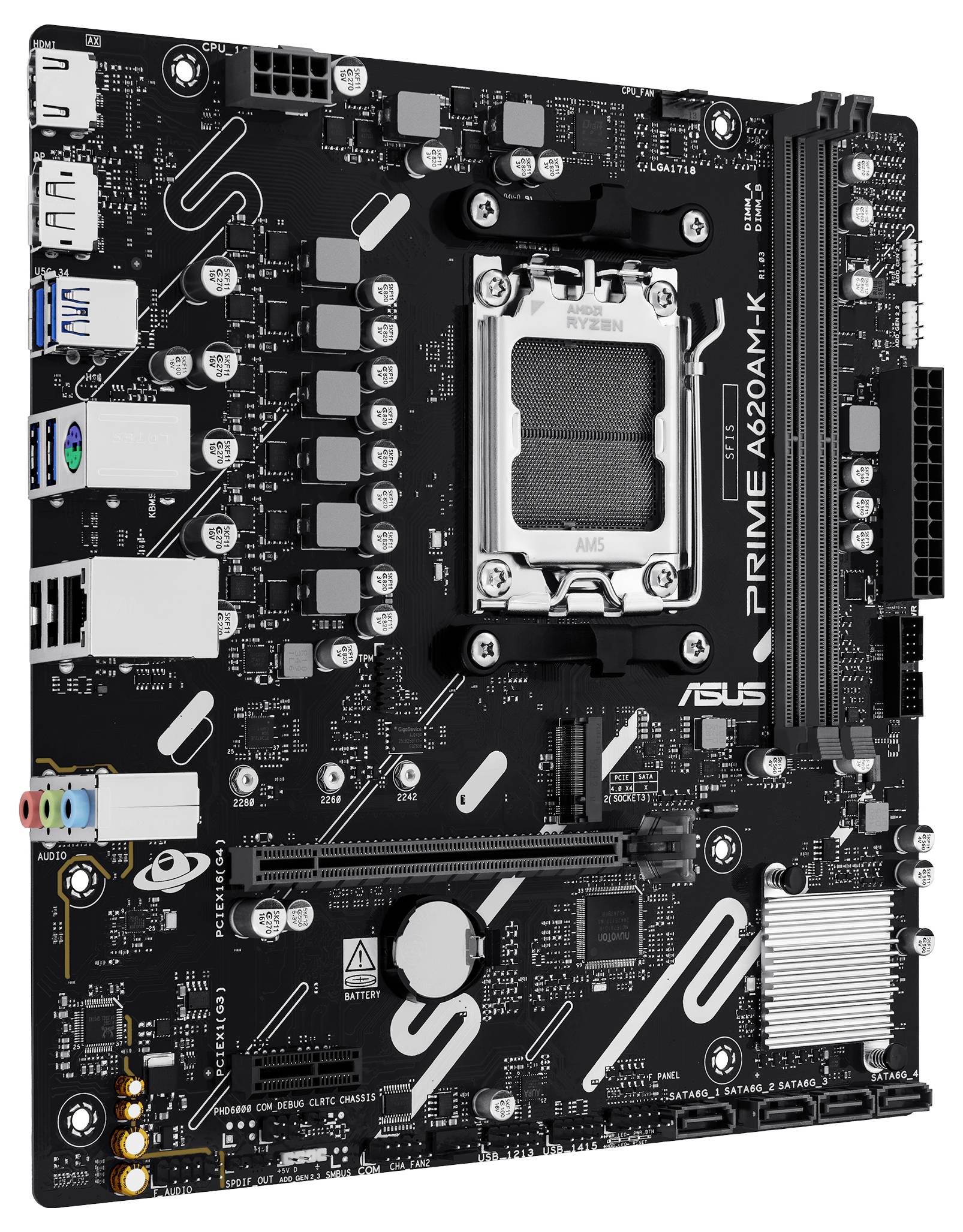 'ASUS Prime A620M-K' Mainboard mit mehreren Anschlüssen und Steckplätzen, einschließlich USB, PCIe und RAM-Steckplätzen, entwickelt für AMD-Prozessoren.