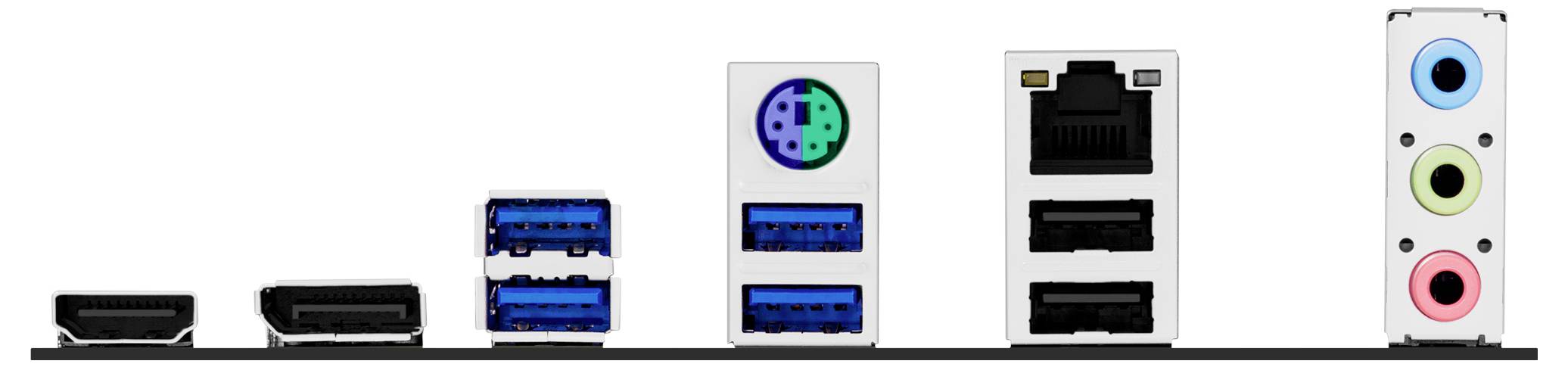 Rückansicht der I/O-Anschlüsse eines Computers, einschließlich HDMI, USB, PS/2, Ethernet und Audioports, die verschiedene Verbindungsoptionen zeigt.
