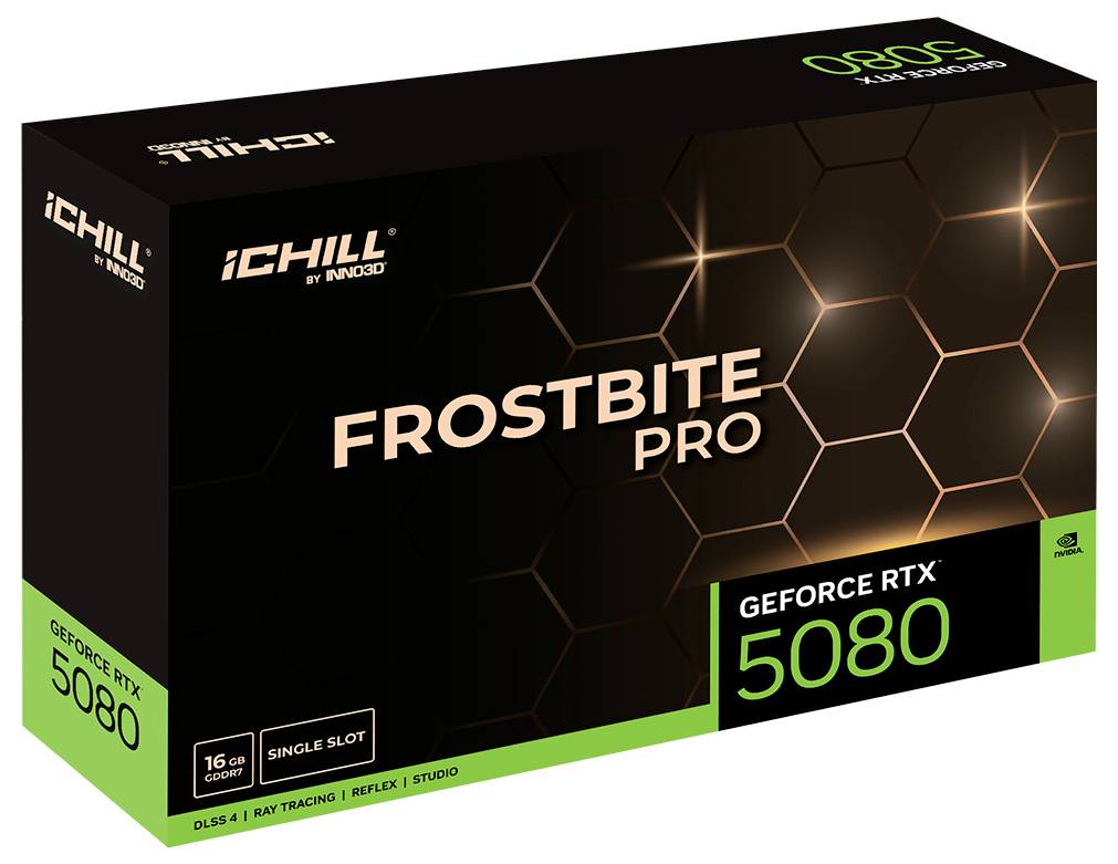NVIDIA GeForce RTX 5080 iCHILL Frostbite Pro Grafikkarten-Verpackung mit sechseckigem Muster, die 16 GB, Einzelsteckplatz und Ray-Tracing-Funktionen hervorhebt.
