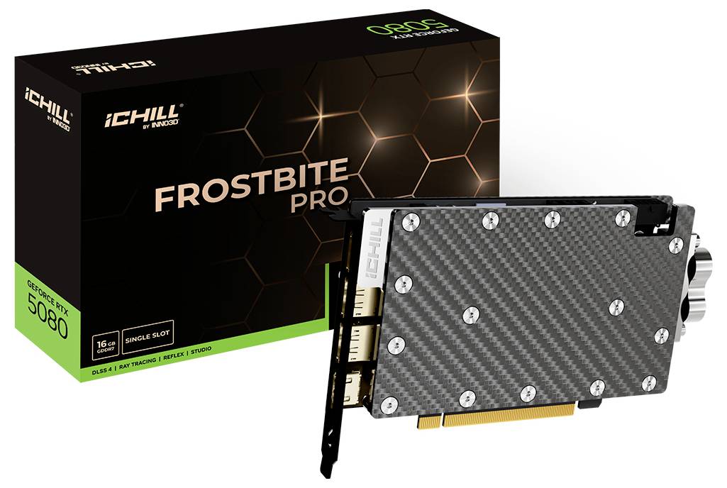 'Frostbite Pro von iCHILL' Grafikkarte mit Carbonfaser-Design. Verpackung weist ein sechseckiges Muster auf und ist mit 'GeForce RTX 3080' beschriftet.
