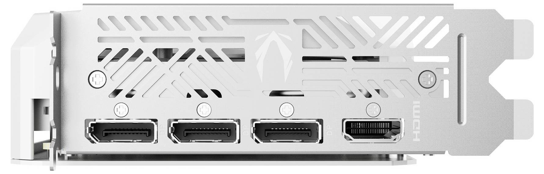 Eine silberne Grafikkarte mit Computerkomponenten, die drei DisplayPort-Anschlüsse und einen HDMI-Anschluss aufweist und ein belüftetes Rückplattenlayout zeigt.