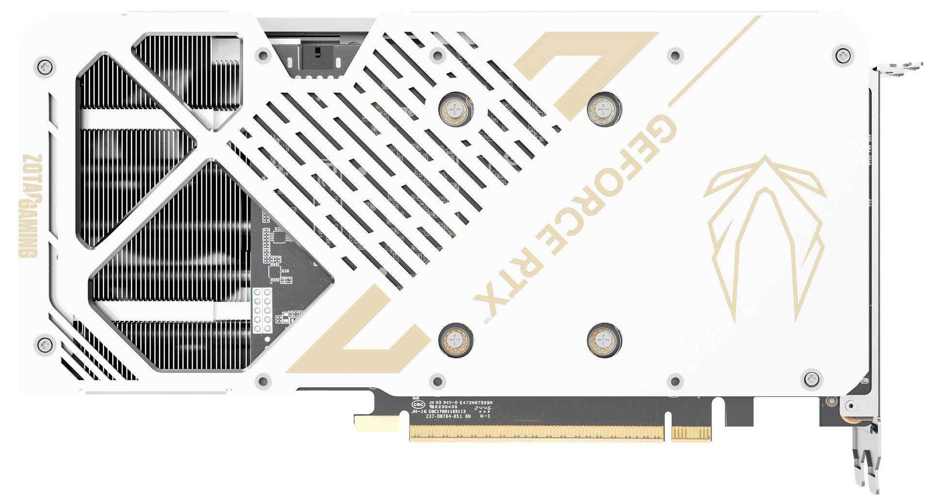 Eine weiße Grafikkarte mit goldenen Akzenten, beschriftet mit 'GEFORCE RTX', die ein Wabennetzdesign und ein sichtbares Leiterplattenelement aufweist.