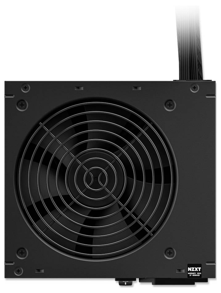 Eine schwarze Computer-Netzteileinheit mit einem großen Lüfter auf einer Seite. Das NZXT-Logo ist in der unteren rechten Ecke sichtbar.