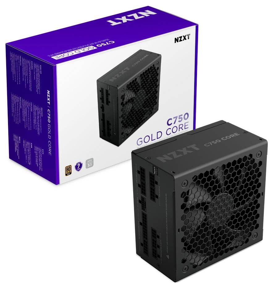 NZXT C750 Gold Core Netzteil mit Verpackung, das eine schwarze Einheit mit Lüfter und modularen Anschlüssen zeigt, mit einer Leistung von 750 Watt und 80 Plus Gold-Zertifizierung.