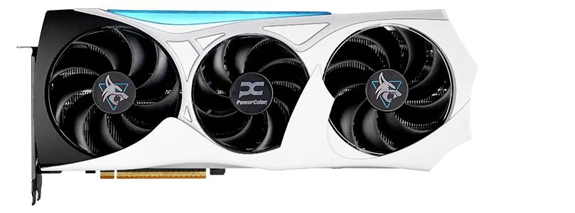 Eine weiße und schwarze Grafikkarte mit drei Kühlventilatoren, auf deren zentralem Lüfter das PowerColor-Logo prangt, speziell für High-Performance-Gaming konzipiert.