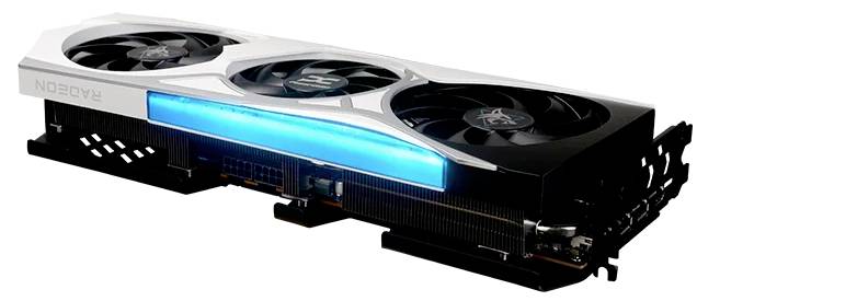 Eine Grafikkarte mit Doppellüftern und einem eleganten Design mit einem blauen LED-Streifen, vor einem weißen Hintergrund.