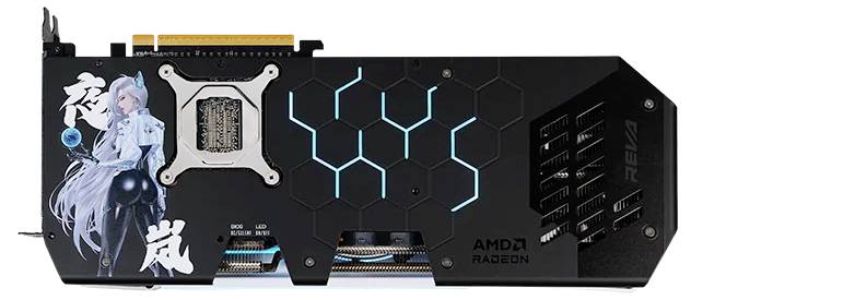 Eine maßgefertigte Grafikkarte mit blauer LED-Beleuchtung und Anime-inspirierter Kunstgestaltung auf einer schwarzen Rückplatte, die die AMD Radeon-Markenidentität präsentiert.