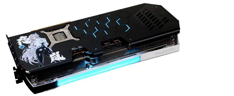 Eine Grafikkarte mit elegantem Design, auf der ein stilisiertes Charakterbild und ein leuchtender blauer LED-Streifen zu sehen ist, mit der Markenaufschrift ‚Radeon' an der Seite.