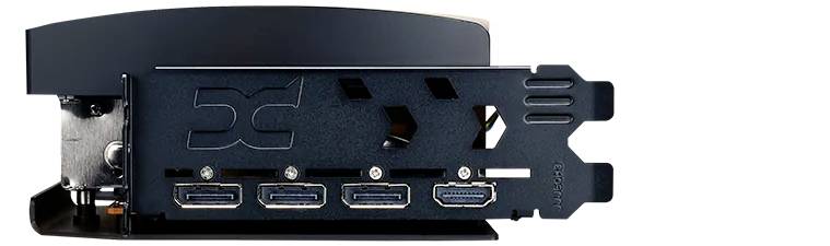 Eine Grafikkarte mit Anschlüssen für Monitore: 3 DisplayPort und 1 HDMI. Die Karte hat ein Metallgehäuse mit Belüftungsschlitzen.