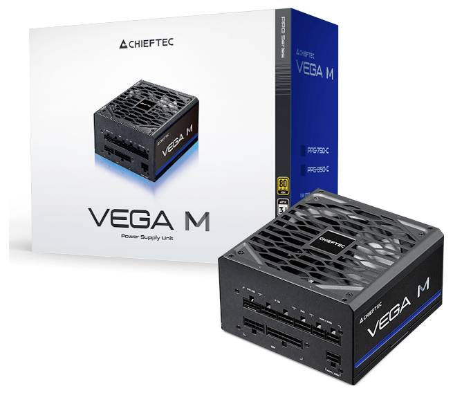 Ein Chieftec Vega M Netzteil mit modularen Kabelanschlüssen wird neben seiner Verpackung präsentiert, die Modell- und Effizienzdetails zeigt.