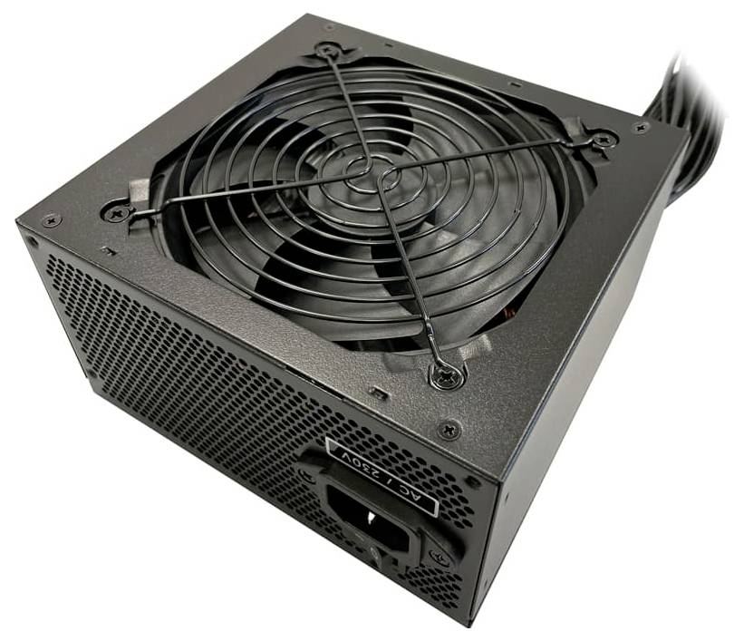 Ein schwarzes Computer-Netzteil (PSU) mit einem großen Kühlventilator auf der Oberseite und mehreren Lüftungslöchern an der Seite.