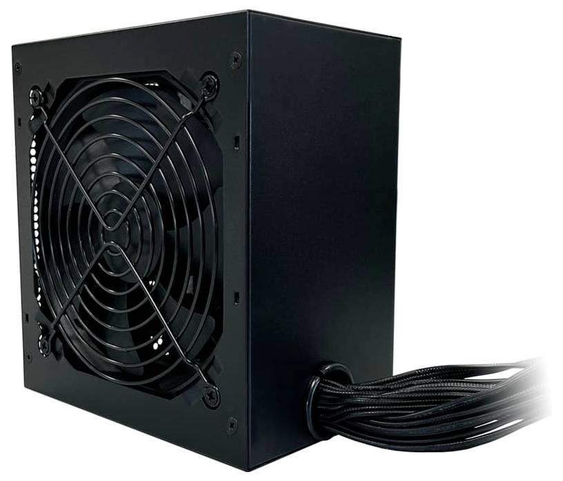 Schwarzes Computer-Netzteil mit einem großen Kühlventilator und geflochtenen Kabeln, die an der Seite herausragen.