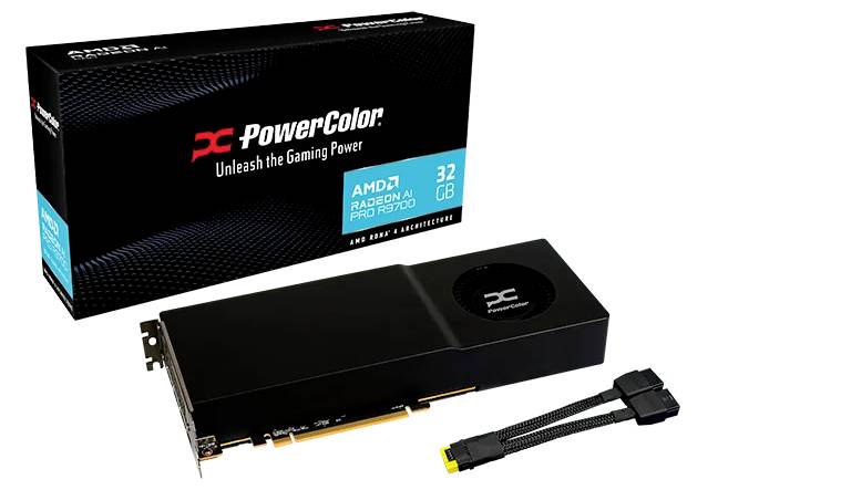 PowerColor AMD Radeon Pro W7900 Grafikkarte mit 32 GB Arbeitsspeicher, zusammen mit ihrer Verpackung und Netzkabel gezeigt. Slogan: Entfessle die Gaming-Power.