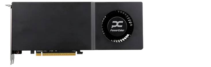 Eine schwarze PowerColor-Grafikkarte mit einem Lüfter auf der rechten Seite, die einen PCIe-Anschluss links unten zeigt.