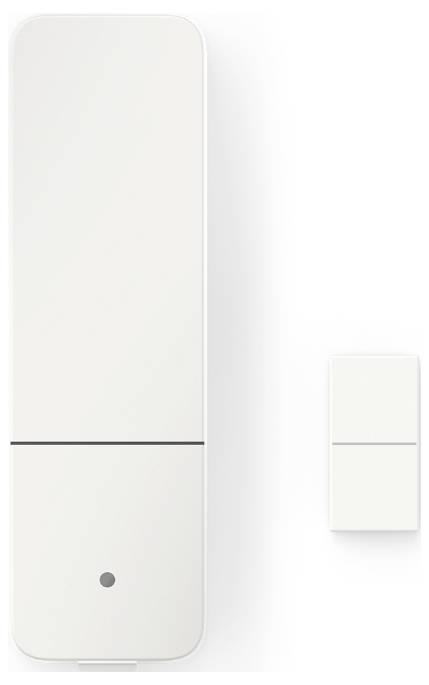 Weißer Tür-/Fenstersensor, dargestellt mit zwei rechteckigen Komponenten; das größere Stück hat einen kleinen Punkt, der den Status oder die Aktivität anzeigt.