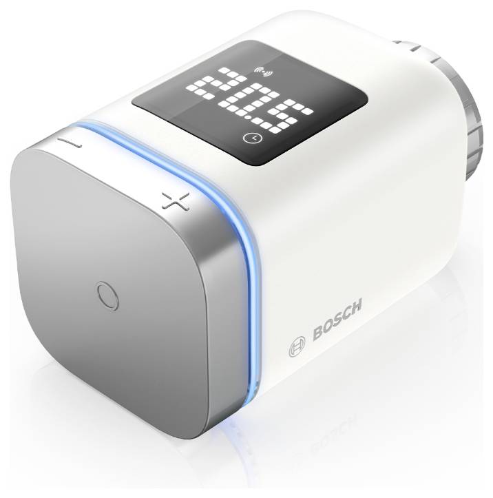 Ein Bosch Smart-Thermostatventil mit einer digitalen Anzeige von '20,0°C', verwendet zur Steuerung der Raumtemperatur.