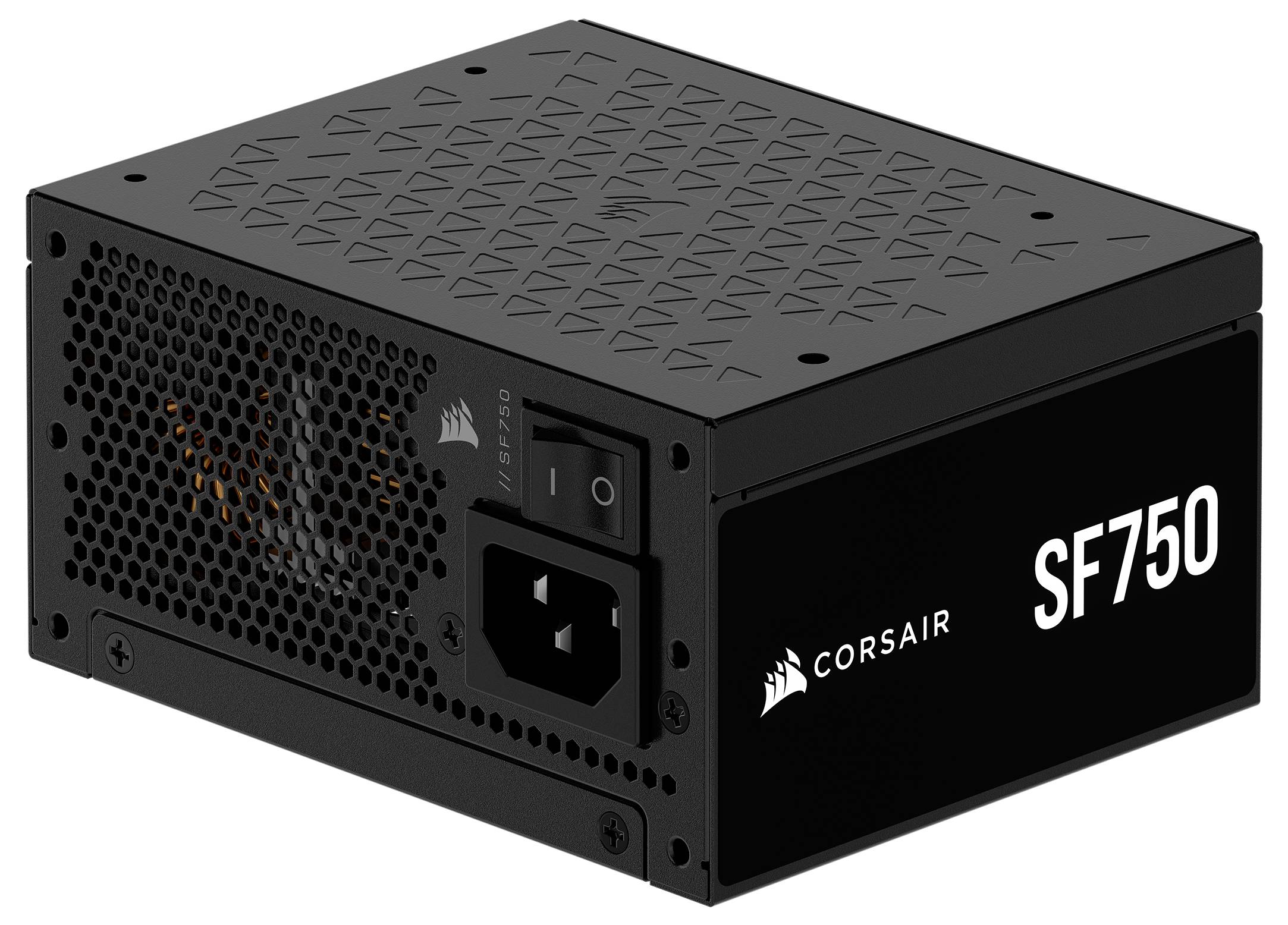 Corsair SF750 Netzteil, schwarz, kompaktes Design, ausgestattet mit einem Gittergehäuse und Lüftungslöchern zur Kühlung, mit der Aufschrift 'SF750' versehen.