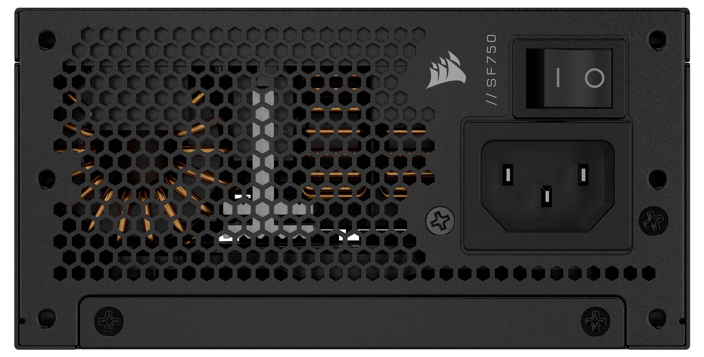Corsair SF750 Netzteil mit Honeycomb-Lüftungsdesign, Schalter und Anschlussanschlüssen.