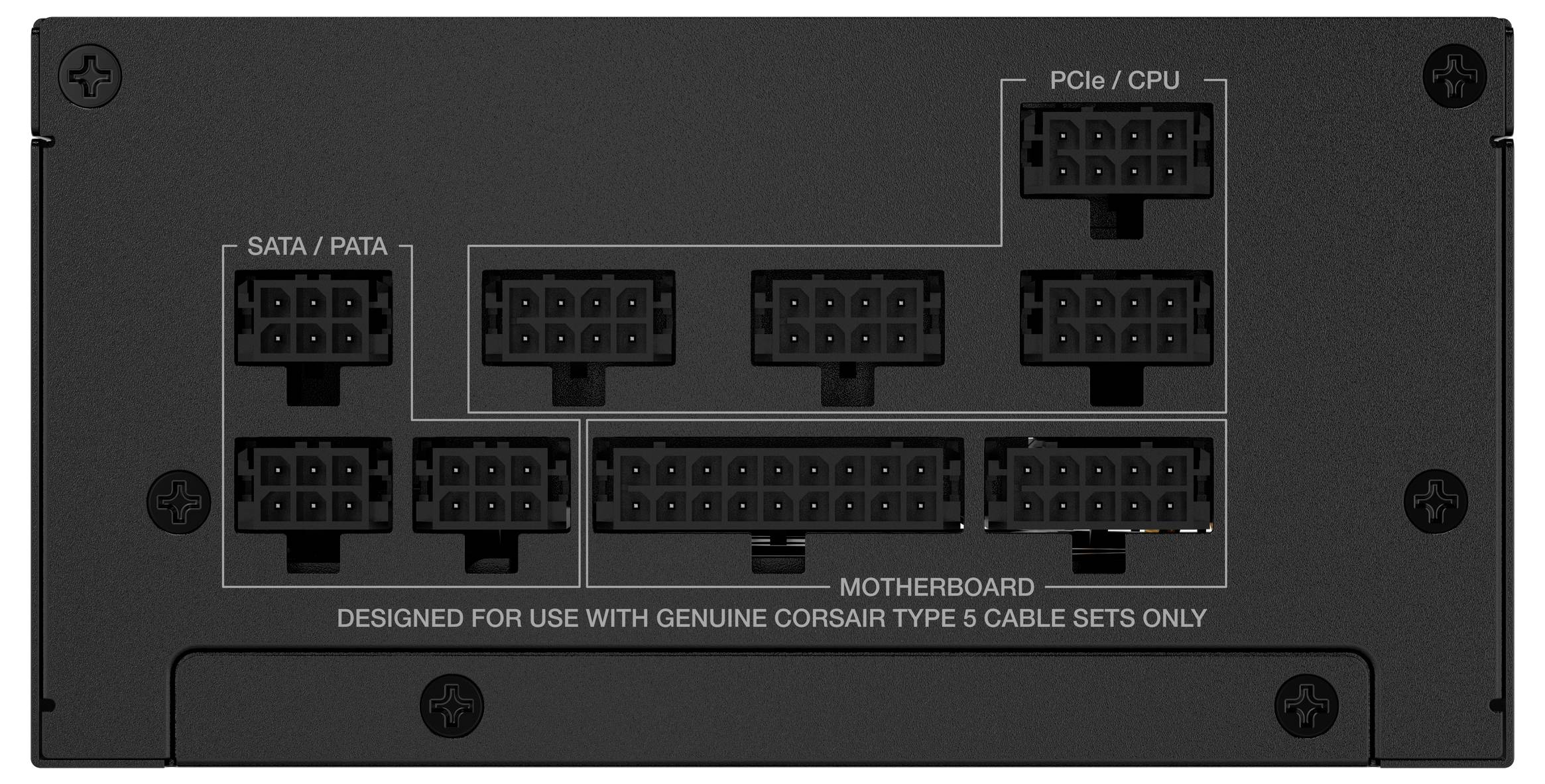 Das Bild zeigt die Rückseite eines Netzteils mit beschrifteten Anschlüssen für „PCIe/CPU