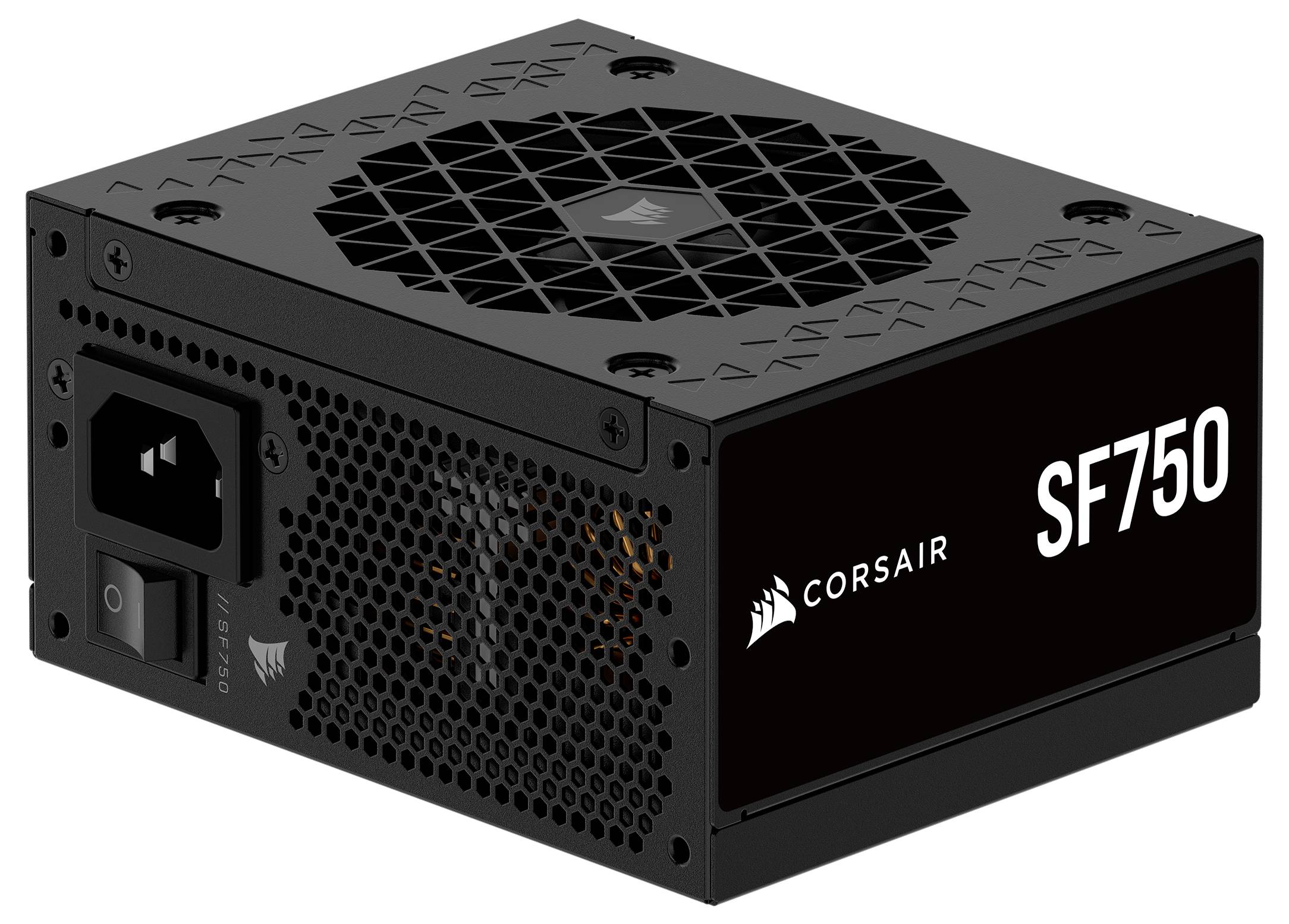 Ein Corsair SF750 Netzteil mit einem schwarzen rechteckigen Design, Lüftungslöchern und der Beschriftung SF750 zur Identifikation.