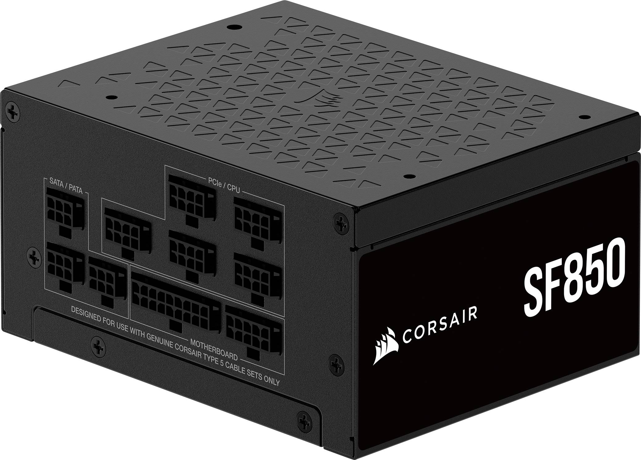 Corsair SF850 Netzteil, kompaktes Design, mehrere Anschlussports an der Seite für Mainboard und Peripheriekomponenten.