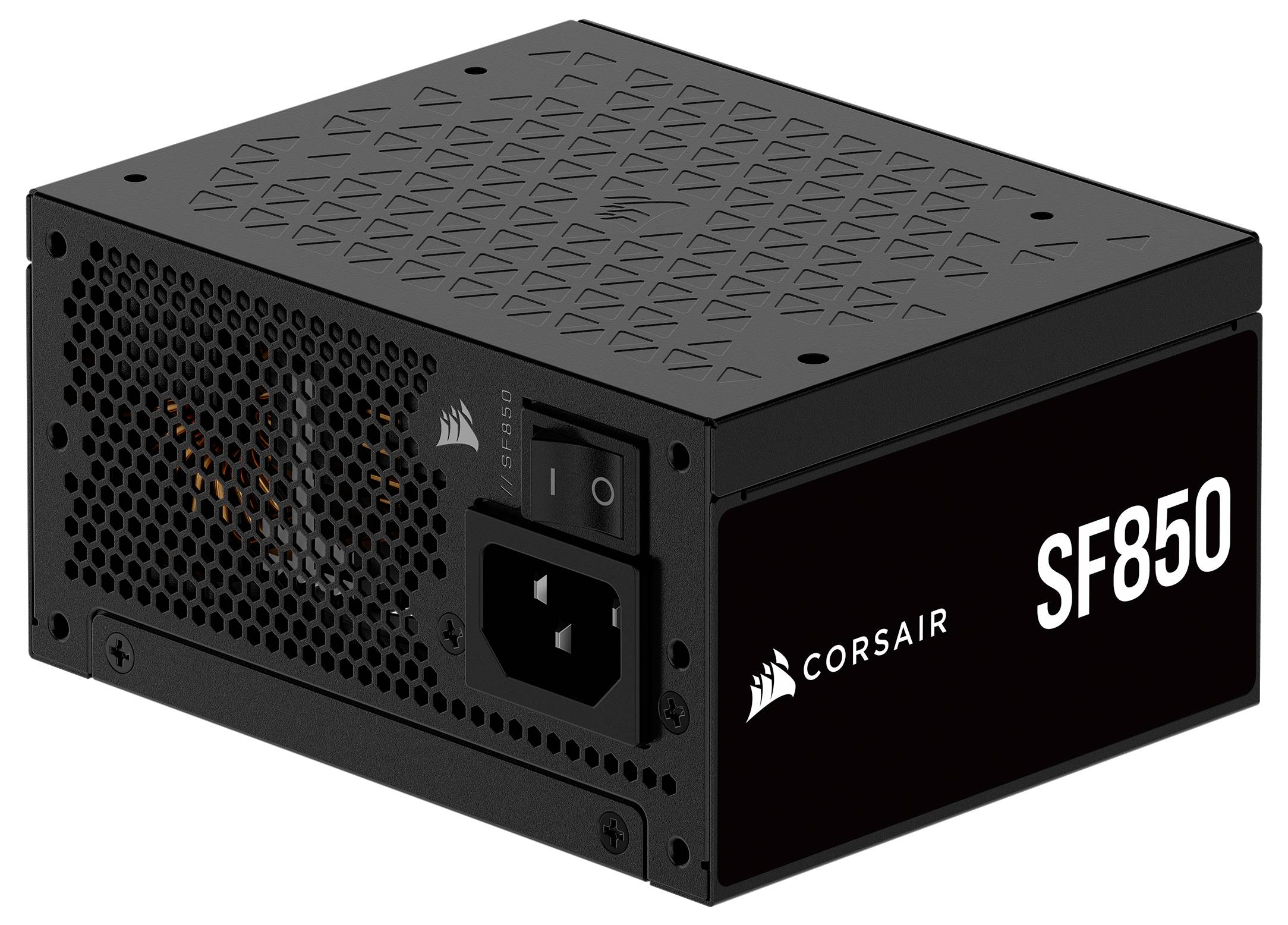 'CORSAIR SF850' Netzteil mit schwarzem Gehäuse und Logo. Zu den Merkmalen gehören ein Netzschalter, Netzsteckdose und Lüftungsschlitze.