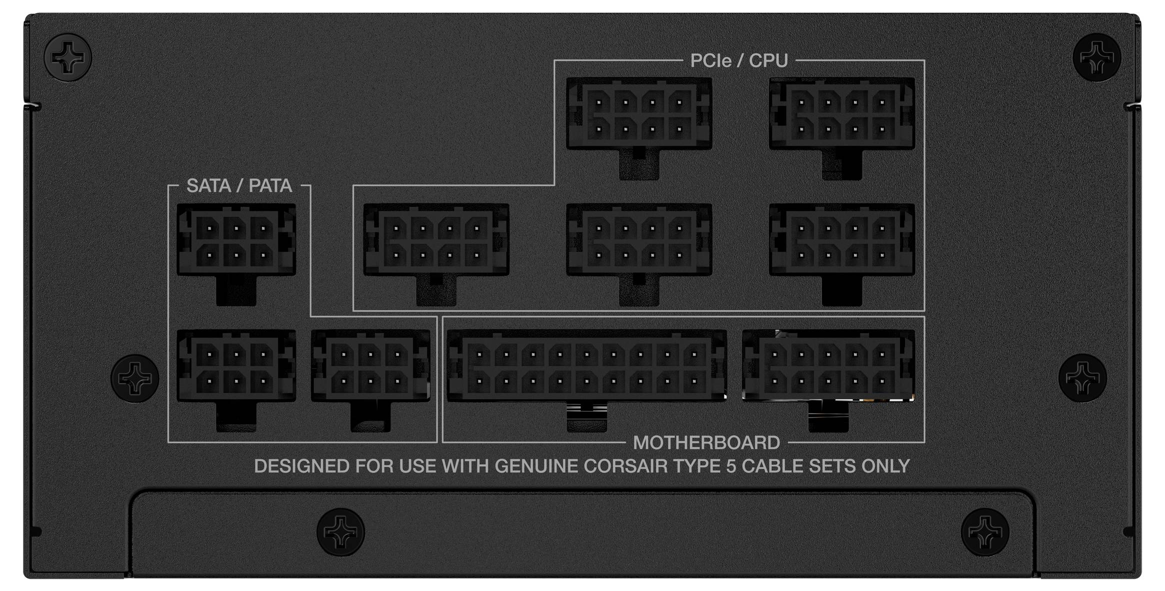 Rückansicht eines Netzteils mit verschiedenen beschrifteten Anschlüssen: 