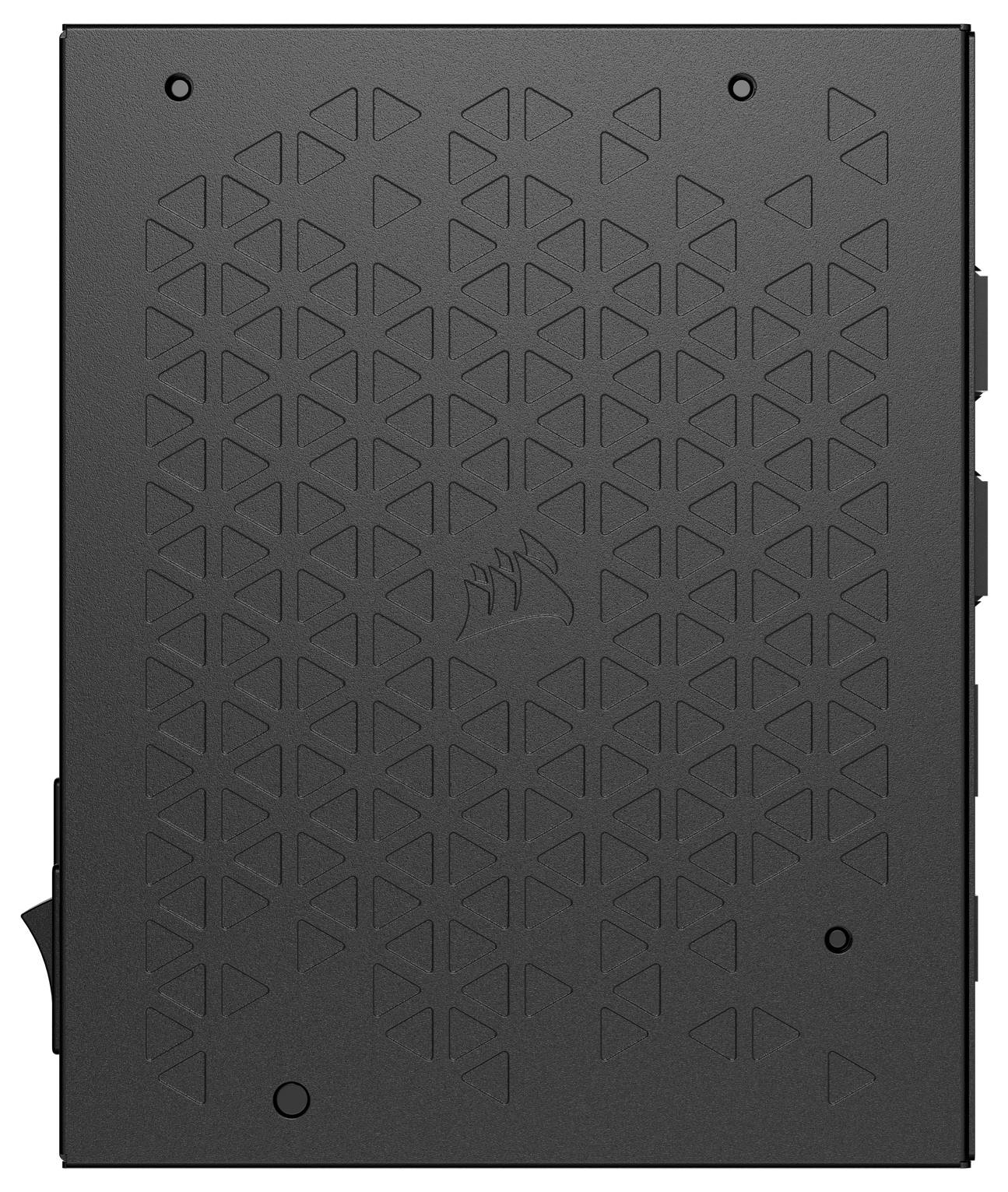 Schwarzes Computerkassettengehäuse mit dreieckigem Lüftungsmuster und Corsair-Logo in der Mitte.