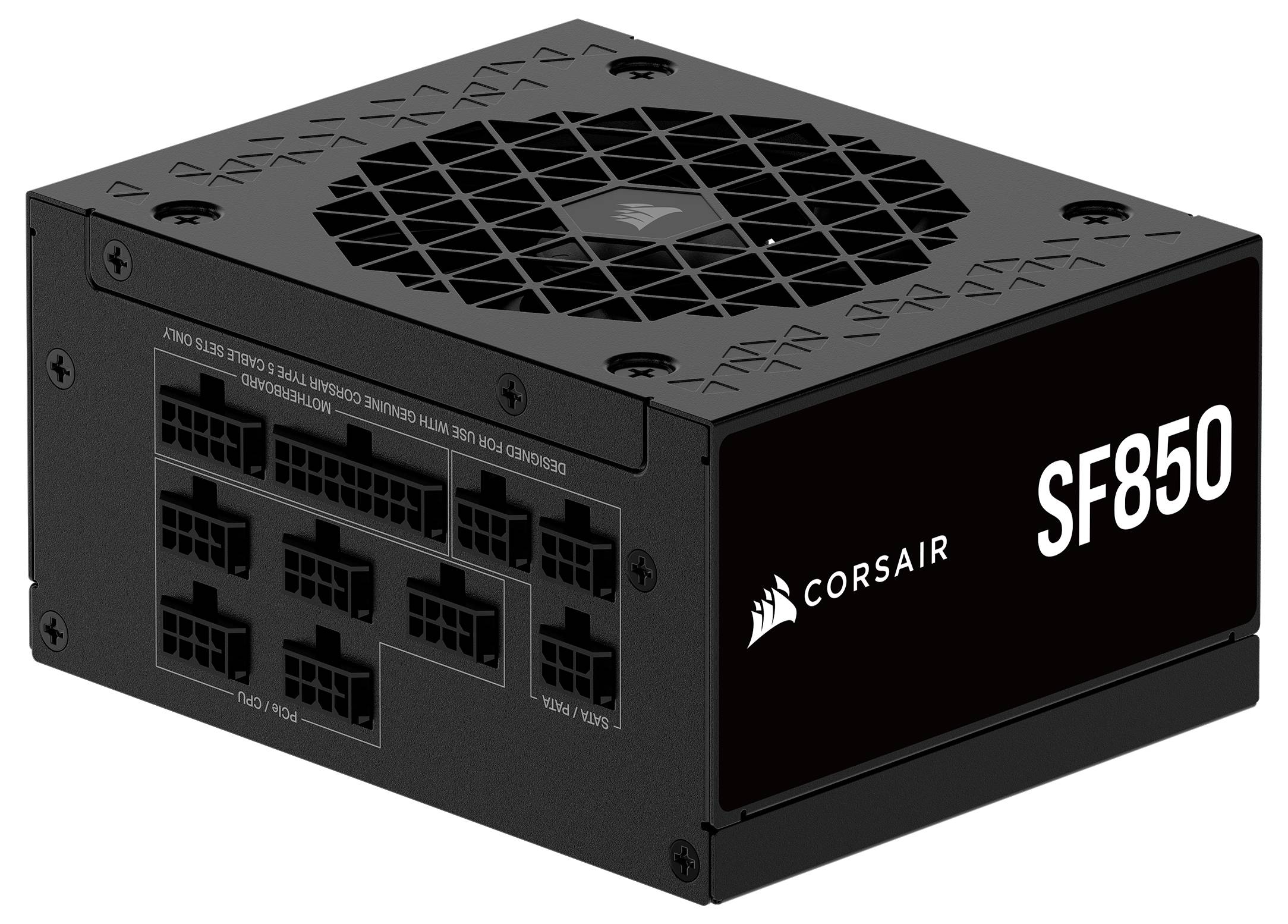 Ein Corsair SF850-Netzteil mit mehreren Anschlussanschlüssen und einem Lüfter oben zur Kühlung, entwickelt für effizientes Energiemanagement in Computern.