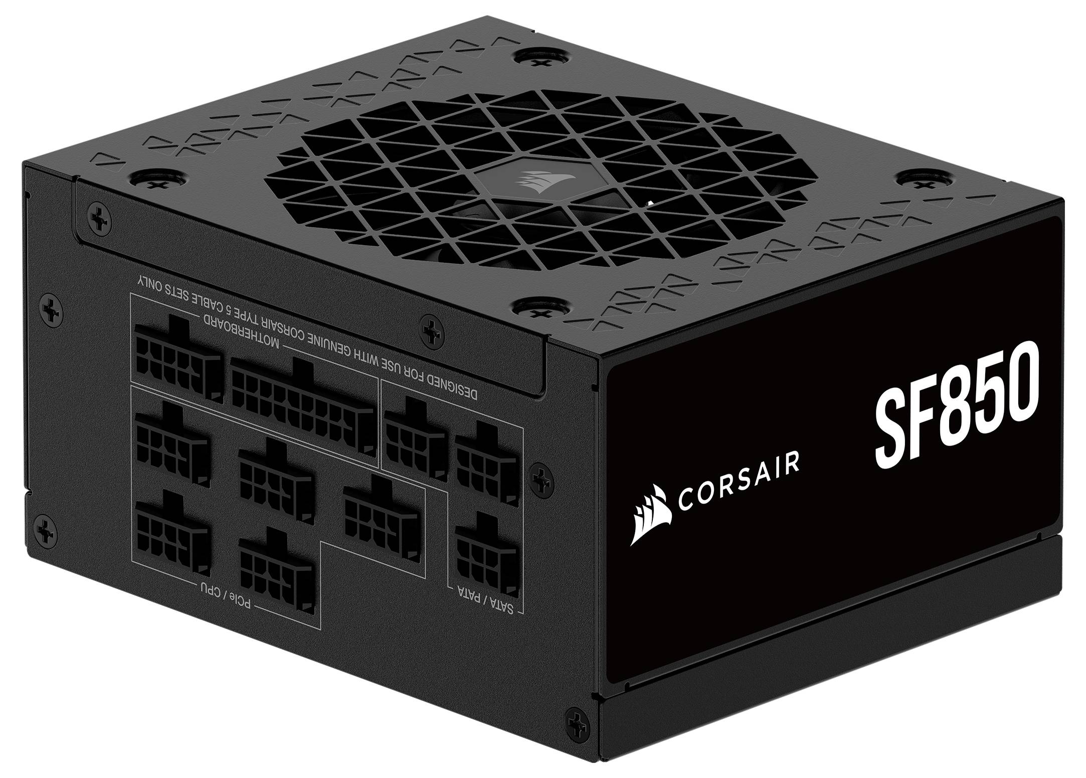 Eine schwarze Corsair SF850-Netzteileinheit mit modularen Kabelverbindungen wird gezeigt und verfügt über das Corsair-Logo und die Aufschrift „SF850