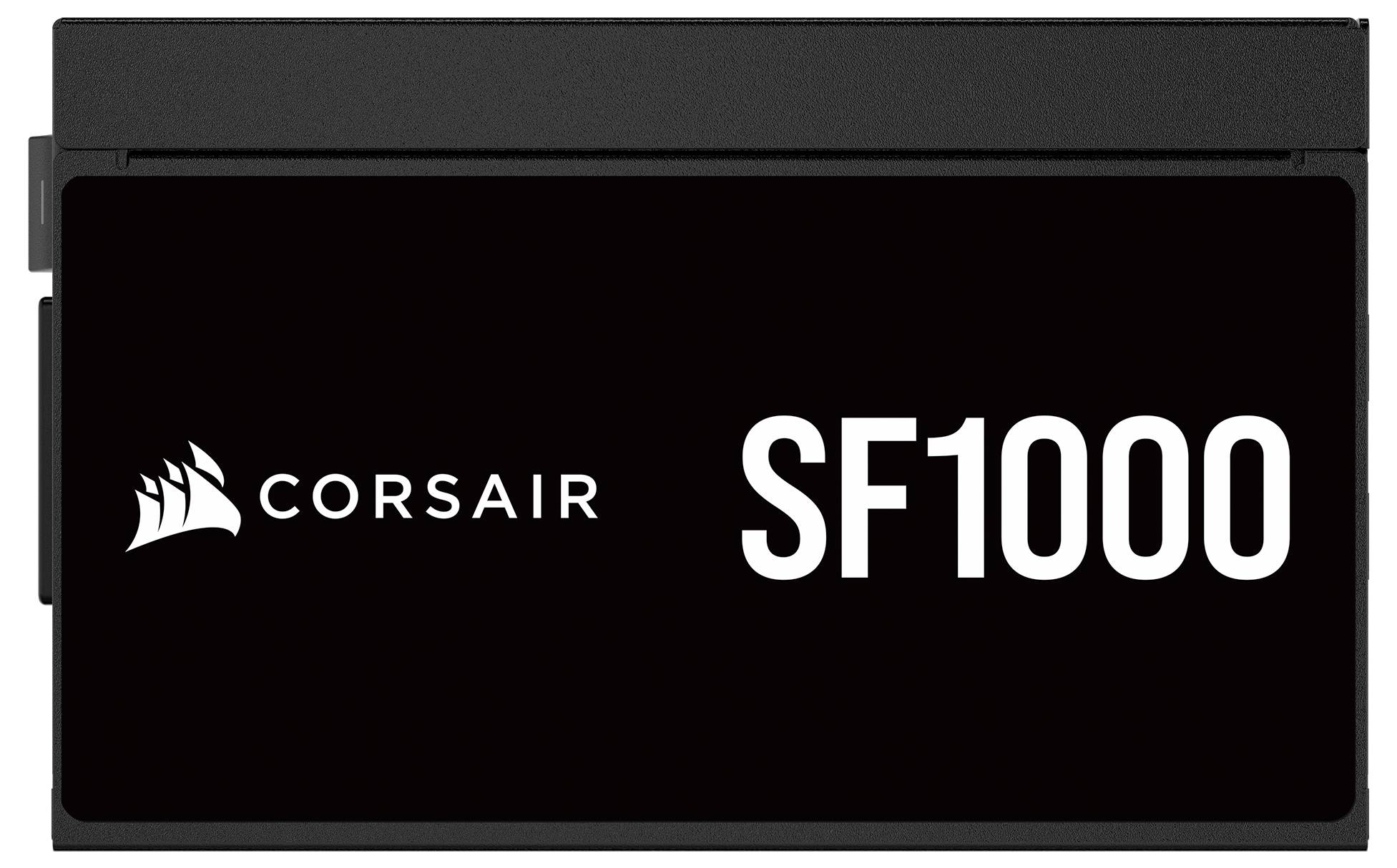 Corsair SF1000 Stromversorgungseinheit, zeigt Stromsteckdose und belüftetes Design, mit Marke und Modellname an der Seite beschriftet.