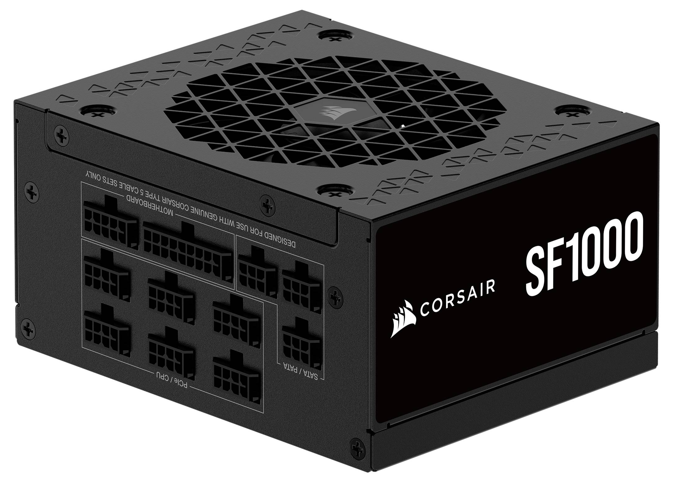 Netzteil 'Corsair SF1000' mit mehreren Anschlüssen für PC-Konnektivität, ausgestattet mit einem kompakten Design und schwarzer Außenhülle.
