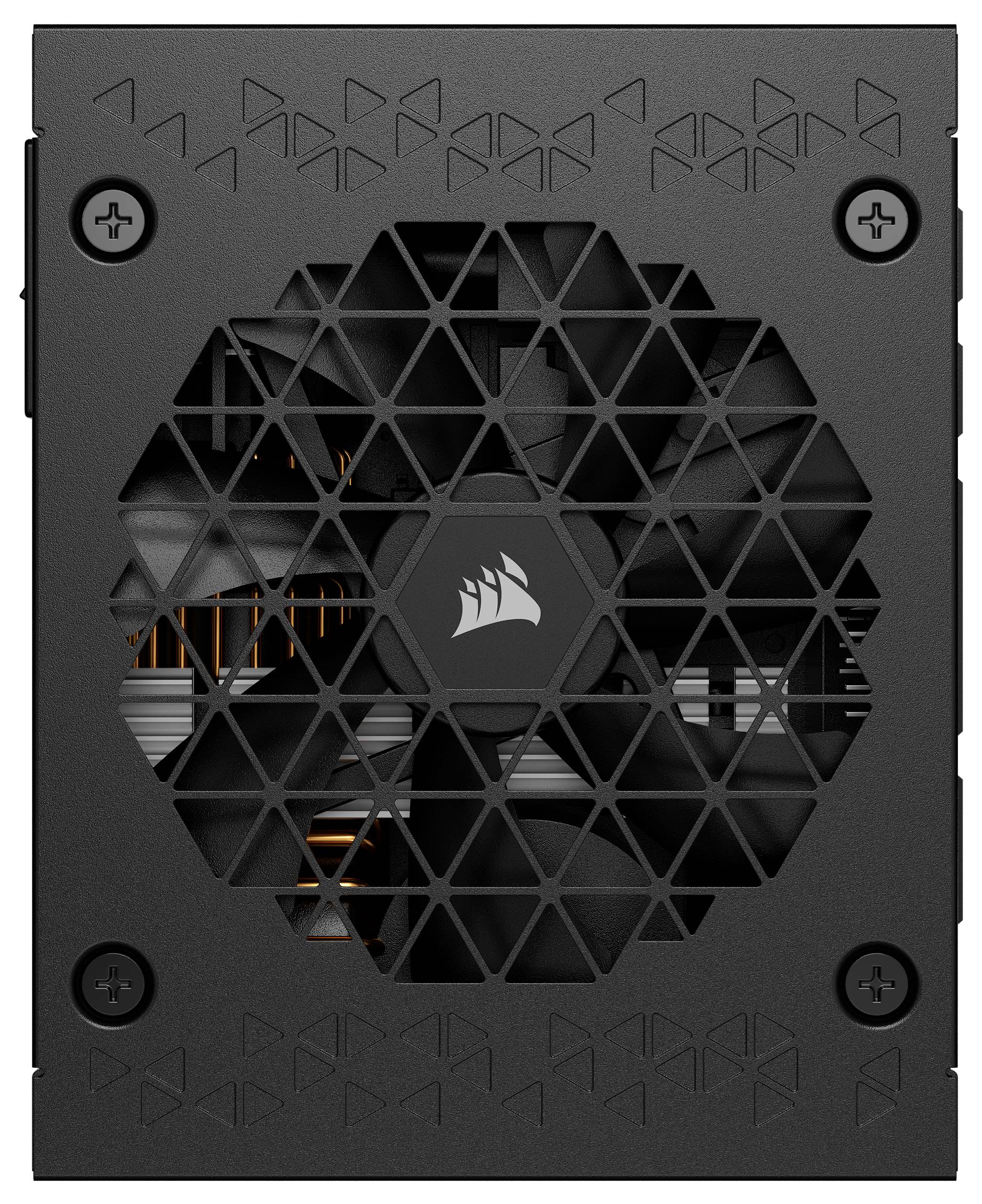 Eine schwarze Computer-Netzteileinheit mit einem großen Lüfter ist zu sehen. Das Lüftergitter weist ein geometrisches Muster mit einem Logo in der Mitte auf.